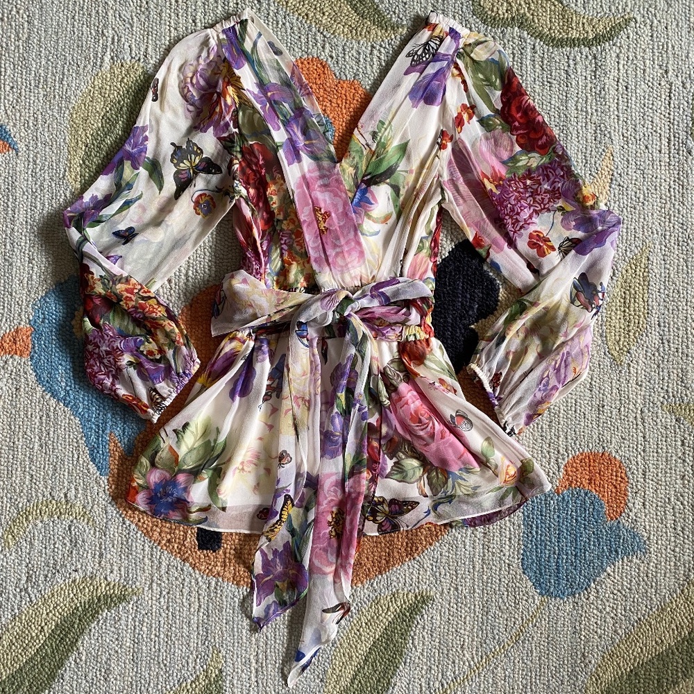 Nu Collective I Y2K I Printed Silk Chiffon Top in White Floral